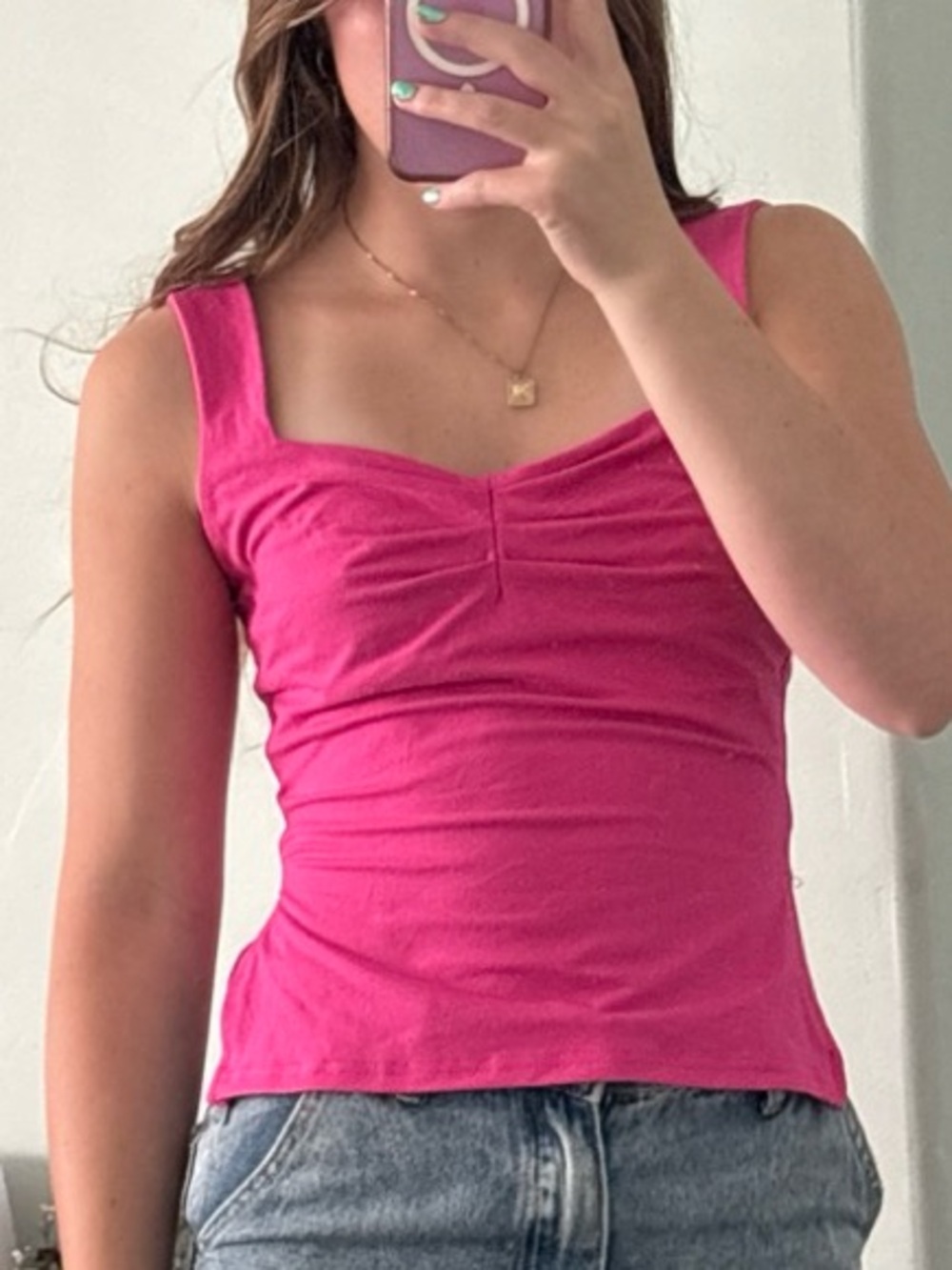 Fitted Pink Ruched Square-Neck Tank Top